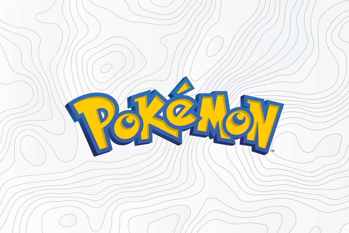 Pokémon logo on a white topographic map
